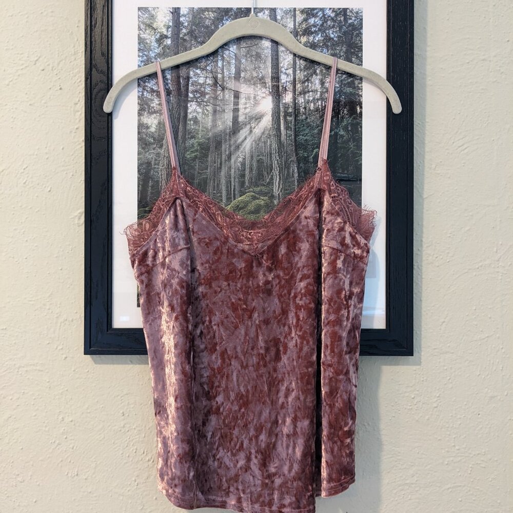 Rose Pink Crushed Velvet Lacy Camisole Tank Top